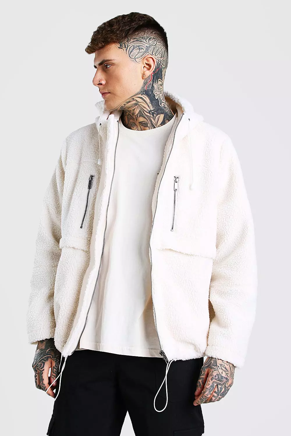 White sherpa store jacket with hood